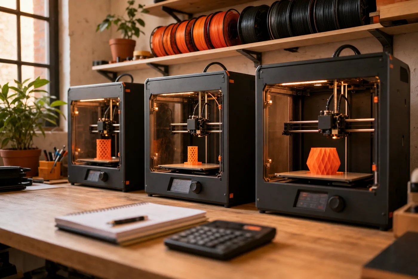 Tres impresoras 3D funcionando lado a lado en un taller