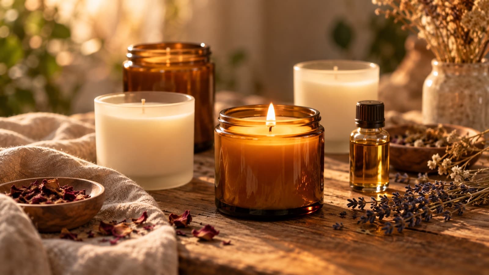 Velas artesanales en envases de vidrio sobre una mesa de trabajo con cera y frascos de fragancia.
