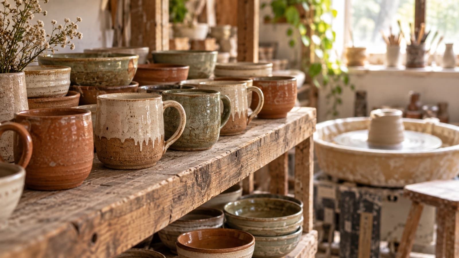 Tazas y bowls artesanales de gres en esmaltes térreos sobre un estante rústico, con un torno de alfarero detrás.