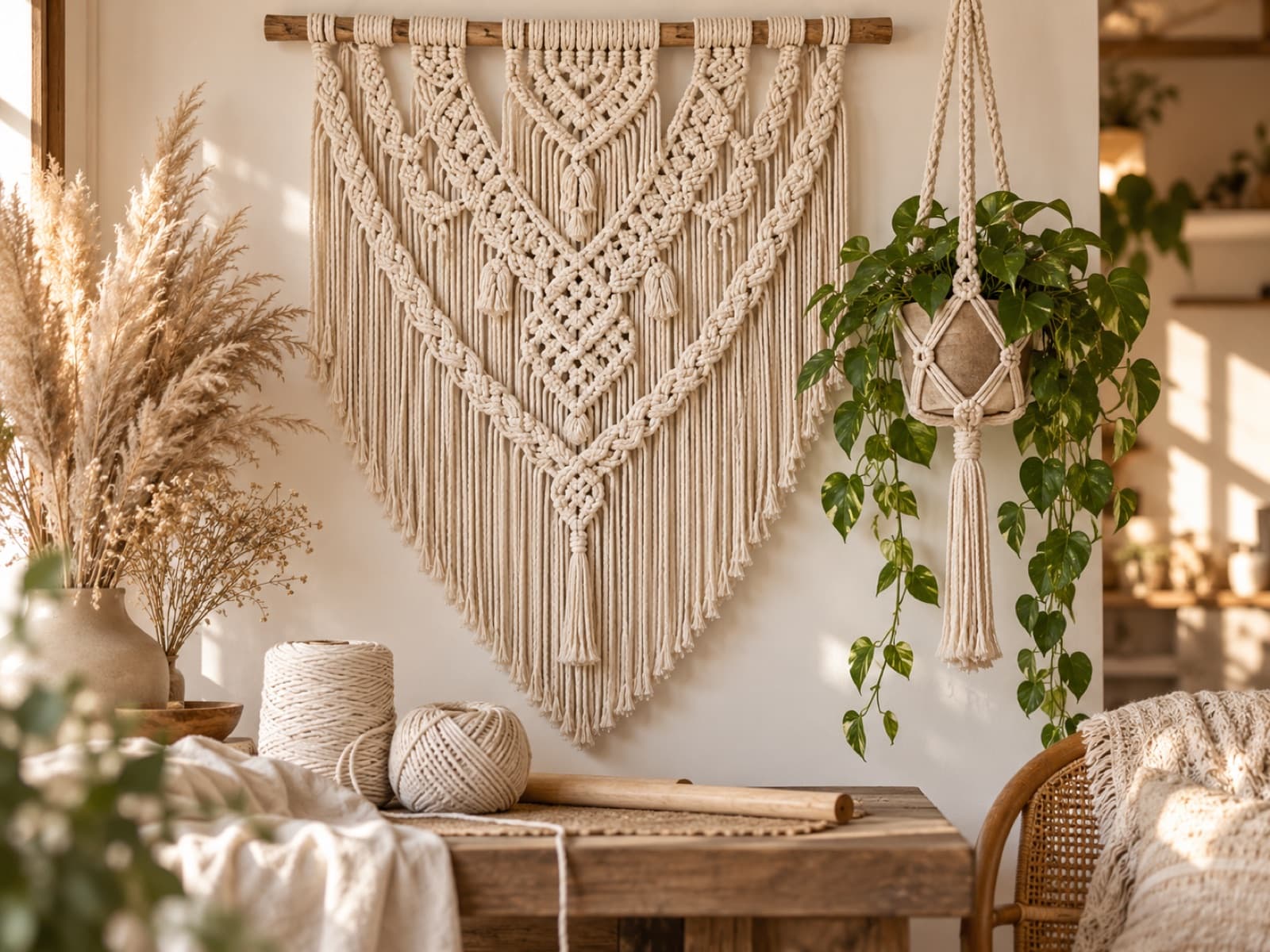 Un tapiz de macramé en proceso con cordón, varillas de madera y una planta cerca.