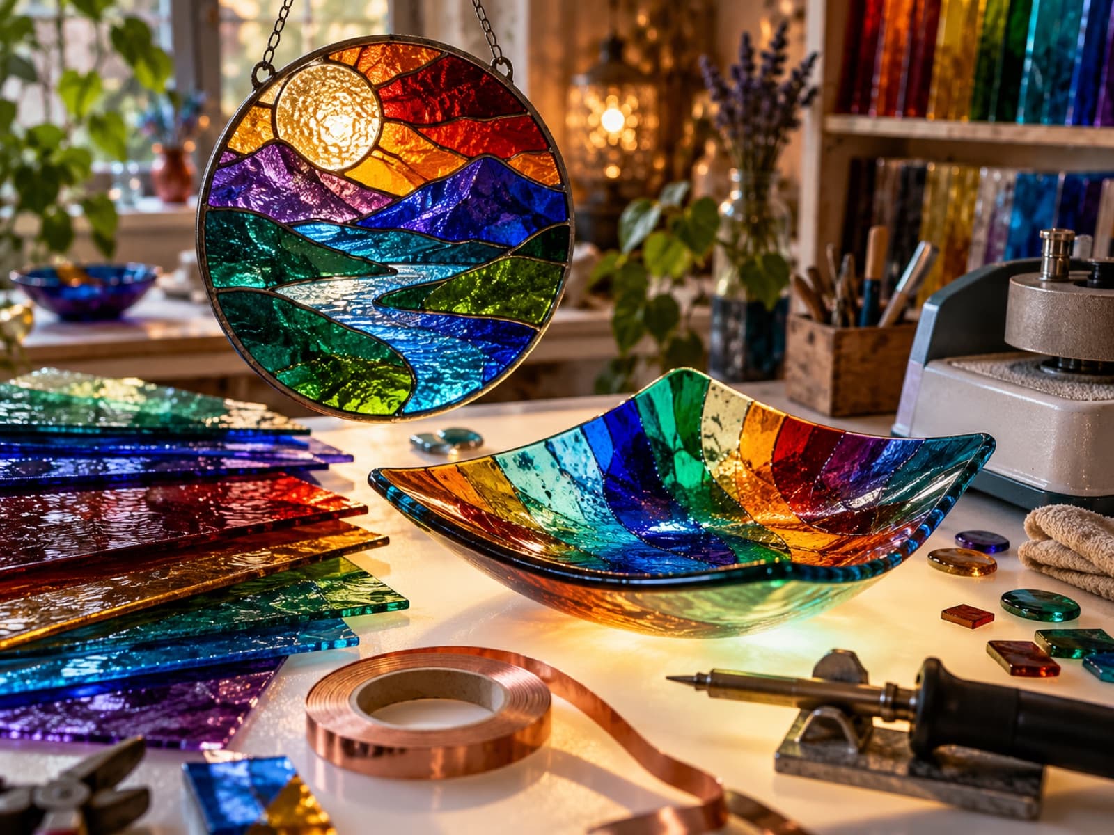 Un atrapasueños de vitral y planchas de vidrio de colores sobre una mesa de luz.