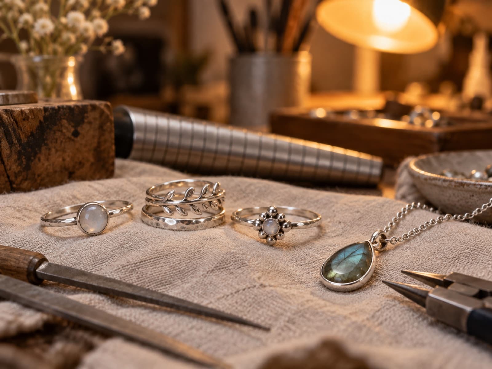 Una mesa de joyero con anillos de plata, piedras preciosas y herramientas finas bajo luz focalizada.