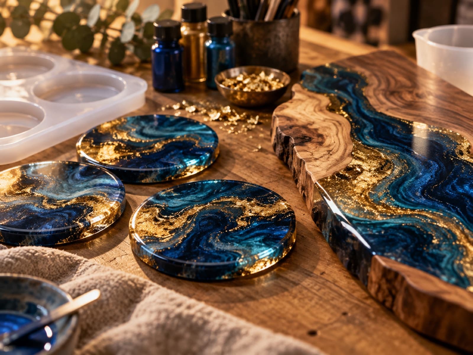 Posavasos de resina y un vaciado de mesa río con pigmentos de colores y moldes sobre una mesa de trabajo.