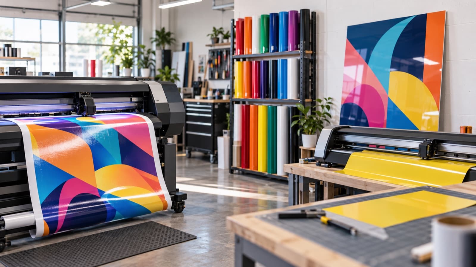 Una impresora de gran formato y un plotter de vinilo produciendo un letrero personalizado para un local.