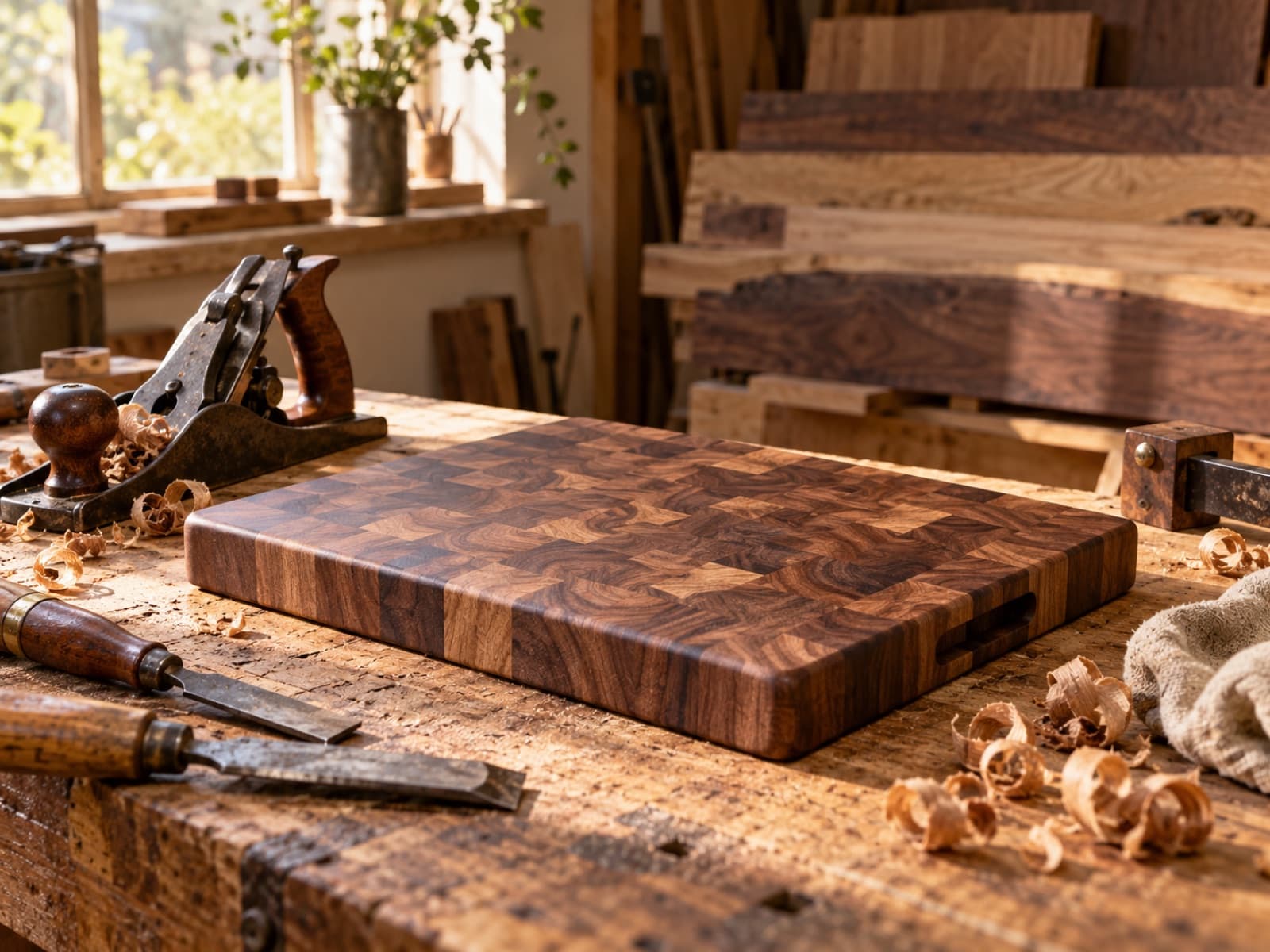 Un taller de carpintería con tablones de madera dura, una tabla de picar sobre el banco y luz natural cálida.